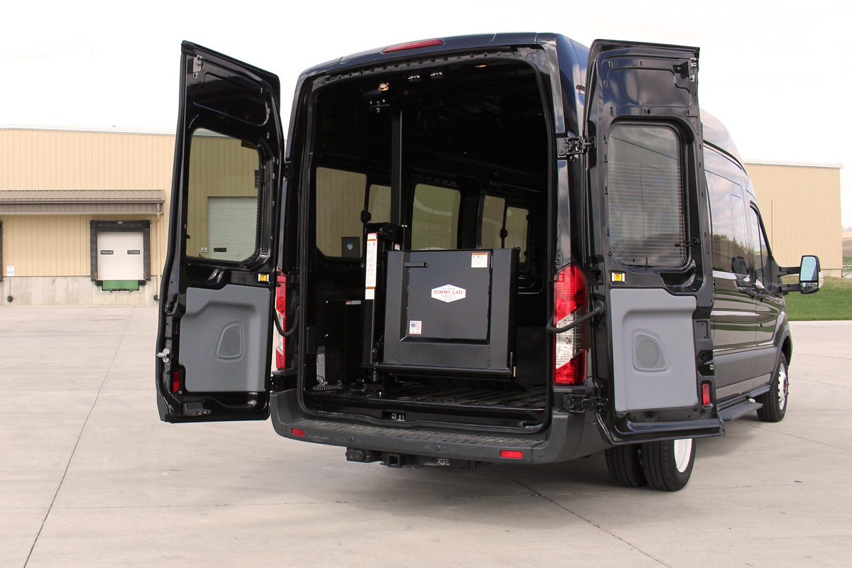 A 2015 Ford Transit Cargo Van with an installed Tommy Gate 650 Series Liftgate