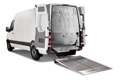 A Sprinter commercial van with a Tommy Gate Cantilever Series liftgate installed