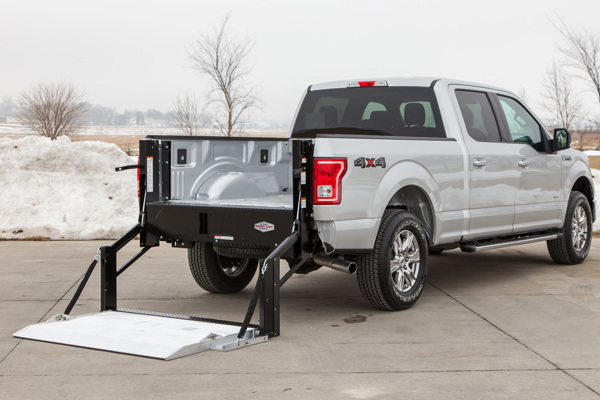 A Ford F-150 pickup truck with Tommy Gate liftgate installed