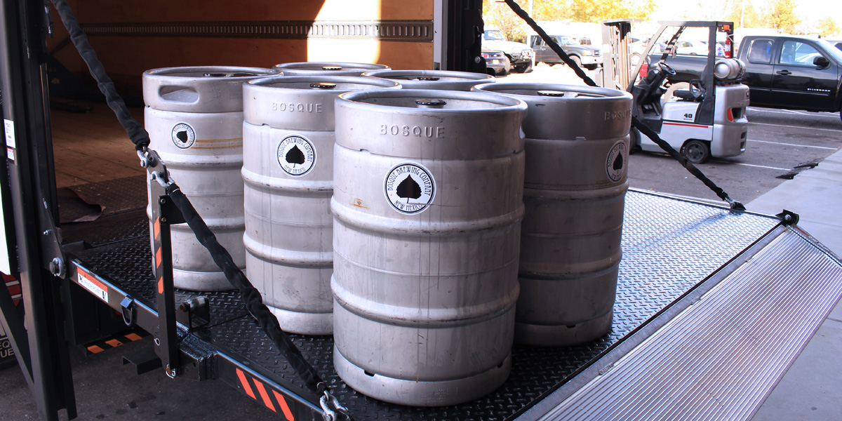 Bosque beer kegs on a Tommy Gate railgate platform